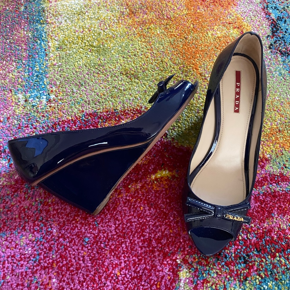 Prada 39 Wedge Sandals Blue Authentic